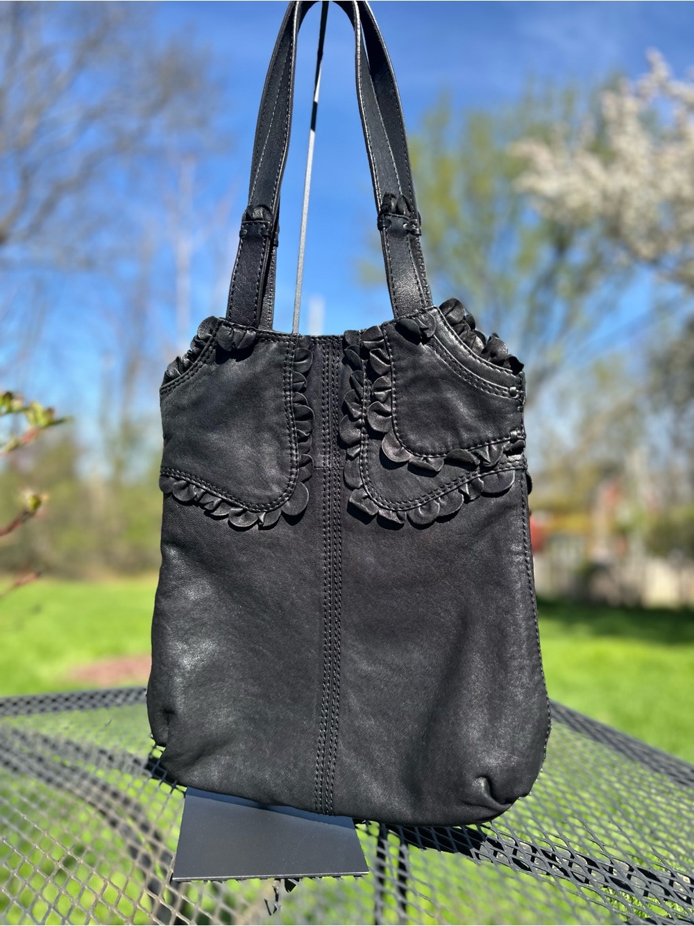 Lucky Brand Rockin Ruffle Black Leather Hobo Y2K Shoulder Bag EUC